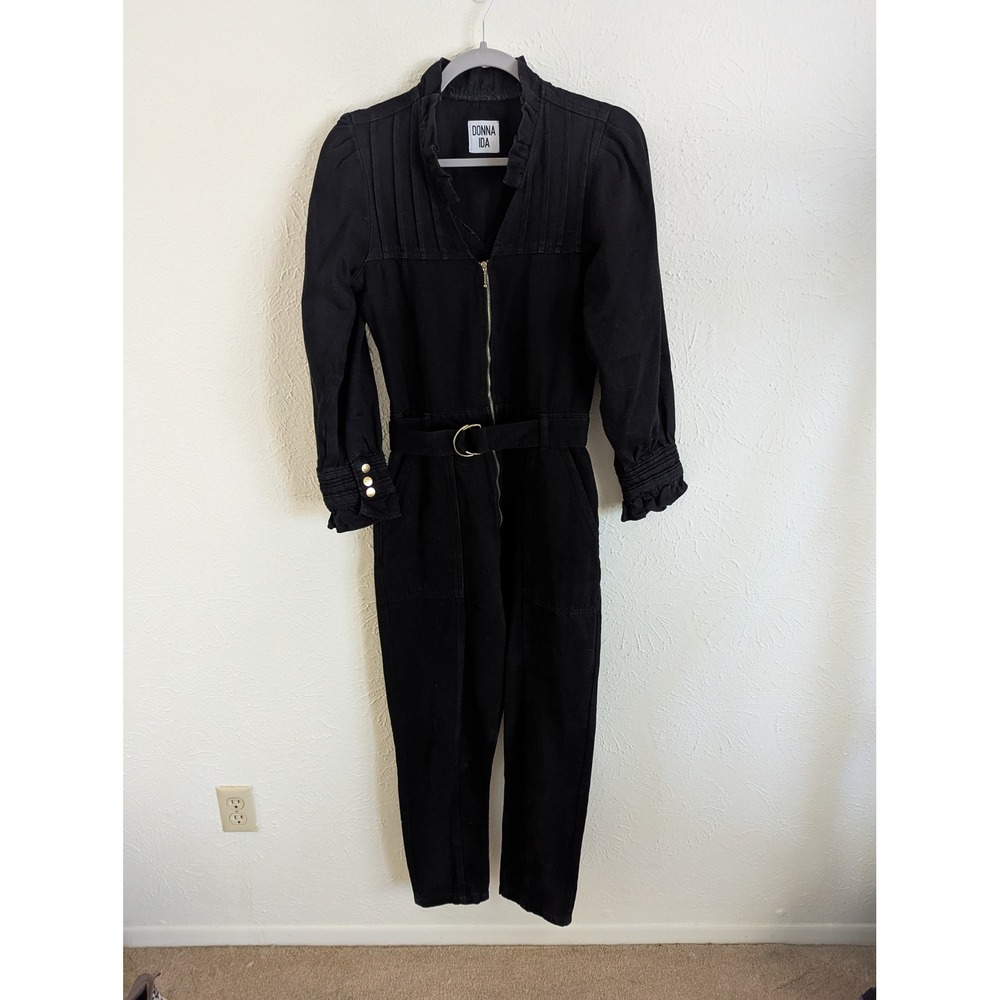 Donna Ida Edna Ruffled Edge Jumpsuit Blackest Size XS Belted Utility - Picture 2 of 11